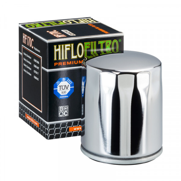Ölfilter HiFlo HF170C chrom für Harley-Davidson Verpackung und Artikel